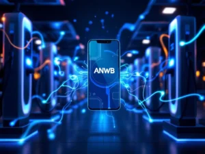 Smartphone met ANWB laadapp omringd door elektrische auto-oplaadstations met blauwe LED-verlichting en zonnepanelen