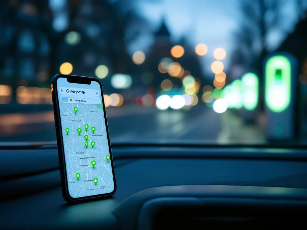 Smartphone met Chargemap app toont laadstations op kaart van Nederlandse stad, op autodashboard met laadpalen op achtergrond