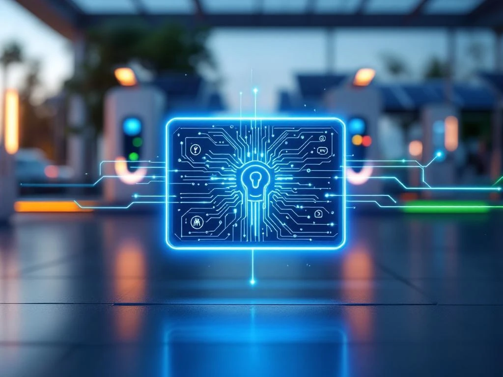 Digitale oplaadkaart met blauwe LED-randen zweeft voor moderne elektrische voertuig laadstation met zonnepanelen