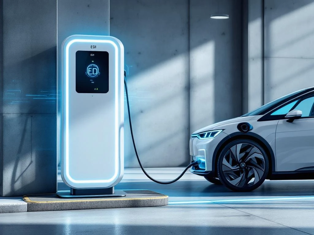 Moderne witte en blauwe EDI-laadpaal met LED-indicatoren en digitaal scherm, aangesloten op elektrische auto in industriële omgeving