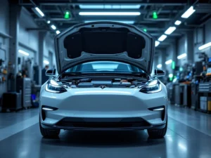 Moderne elektrische auto met open motorkap toont batterijsysteem tijdens professionele inspectie in garage
