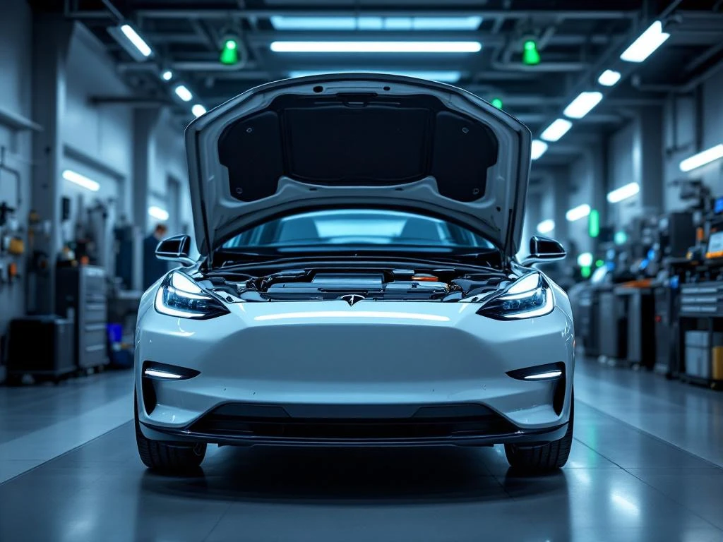 Moderne elektrische auto met open motorkap toont batterijsysteem tijdens professionele inspectie in garage