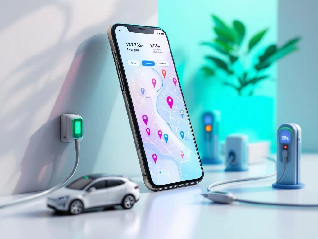 Smartphone met elektrische auto oplaad-app toont kaart met laadstations, omringd door miniatuur EV-modellen en kabels