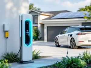 Elektrische auto laadstation met witte EV aangesloten op oprit van modern huis met zonnepanelen op dak