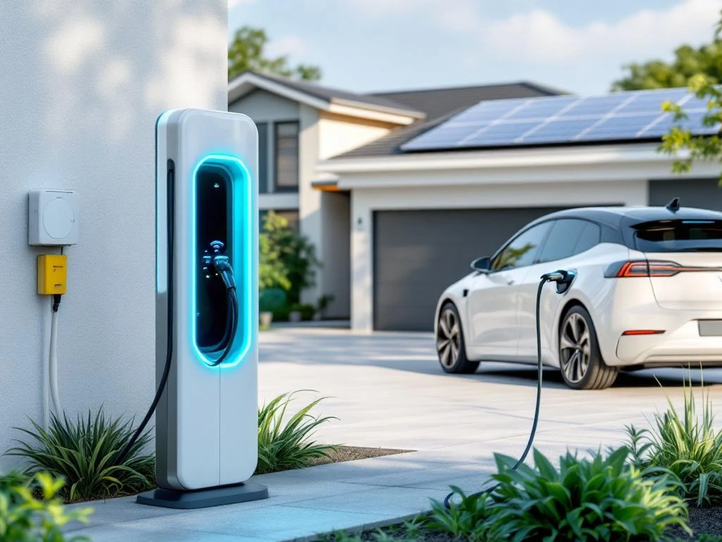 Elektrische auto laadstation met witte EV aangesloten op oprit van modern huis met zonnepanelen op dak