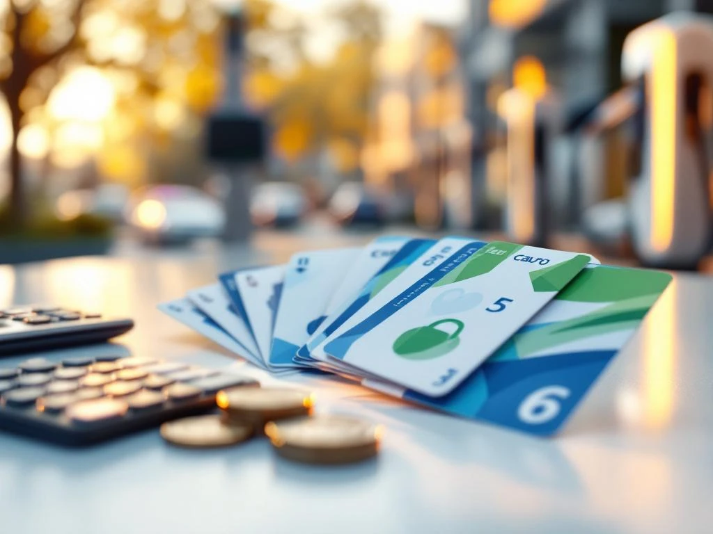 Kleurrijke elektrische auto oplaadkaarten uitgewaaierd op wit oppervlak met calculator en euromunten voor kostenvergelijking