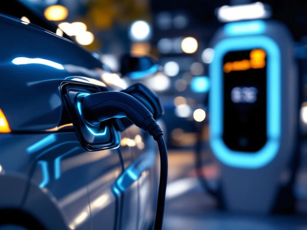 Elektrische auto oplaadpoort met zwevende kabel en smartphone met laad-app bij Fastned laadstation