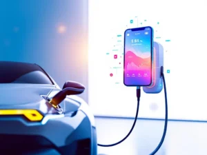 Elektrische auto aangesloten op laadstation met smartphone app die laadproces monitort via digitale interface