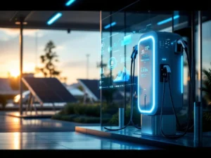 Moderne elektrische voertuig laadstation met meerdere poorten, digitaal dashboard en blauwe energiekabels in high-tech omgeving