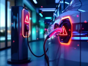 Elektrische auto bij laadstation met rode foutmelding op laadpoort, zonnepanelen en moderne energieplaza op achtergrond