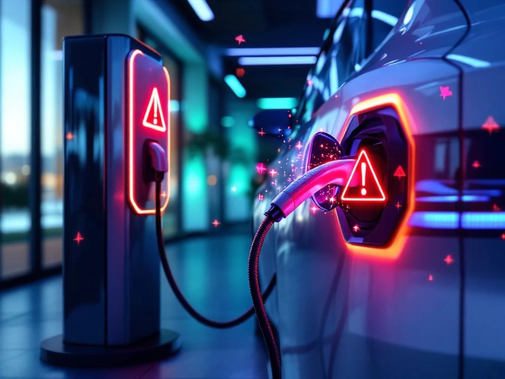 Elektrische auto bij laadstation met rode foutmelding op laadpoort, zonnepanelen en moderne energieplaza op achtergrond