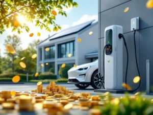Witte elektrische auto aan laadstation met zonnepanelen op dak, euro munten symboliseren EV subsidies Nederland