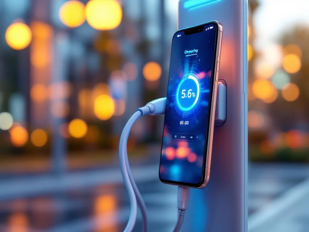 Smartphone met elektrische auto-oplaadapp naast moderne EV-laadstation met blauwe en groene laadindicatoren