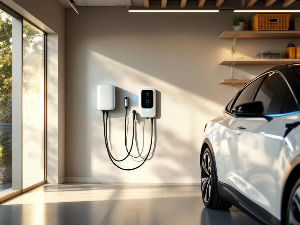 Witte elektrische auto wordt opgeladen aan wandlader in moderne garage met LED-verlichting en opbergsystemen