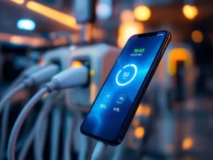 Smartphone met elektrische auto-oplaadapp op moderne laadpaal met blauwe en groene laadindicatoren