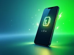 Moderne smartphone met elektrische auto-oplaadapp, batterij-indicatoren en oplaadstation-iconen op blauw-groen verloop