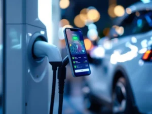 Smartphone met EV-laadapp op laadstation, toont laadstatus en kaarten, witte elektrische auto laadt op de achtergrond