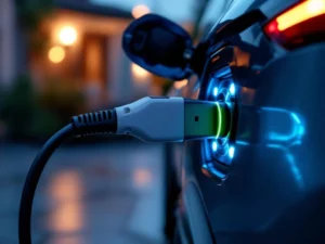 Elektrische auto oplaadpoort met huishoudelijke stekker die nadert, blauw-groene energiegloed in garage setting