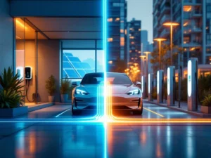 Elektrische auto wordt opgeladen in garage thuis en bij openbaar laadstation, verbonden door gloeiende laadkabels