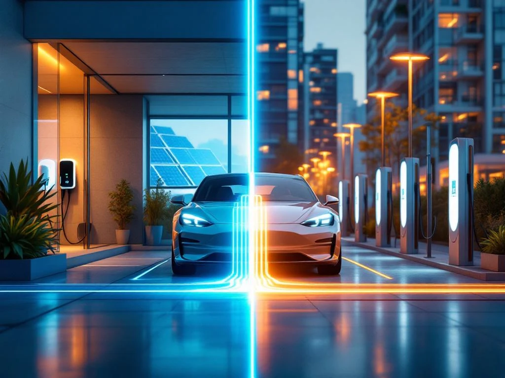 Elektrische auto wordt opgeladen in garage thuis en bij openbaar laadstation, verbonden door gloeiende laadkabels