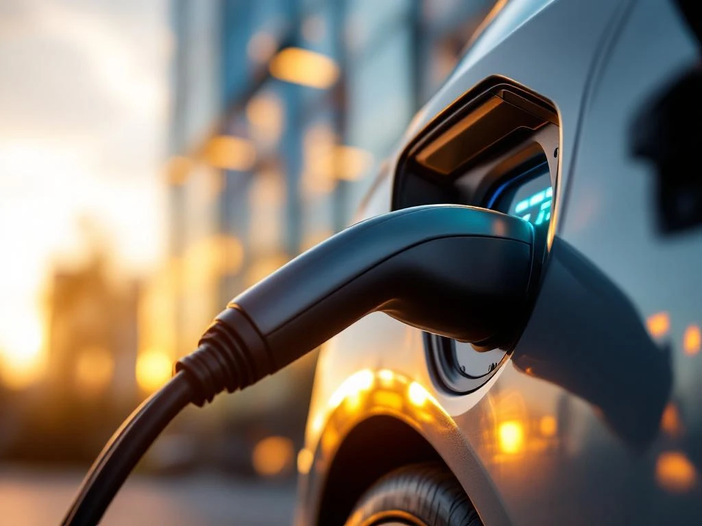 Elektrische auto wordt opgeladen met moderne lader bij kantoorgebouw tijdens gouden uur