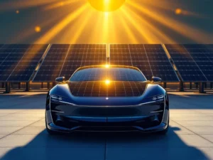 Elektrische auto met zonnepanelen op dak en motorkap, omringd door zonnestralen en extra panelen op betonnen oppervlak