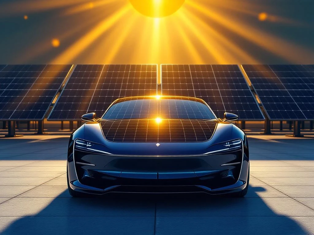 Elektrische auto met zonnepanelen op dak en motorkap, omringd door zonnestralen en extra panelen op betonnen oppervlak