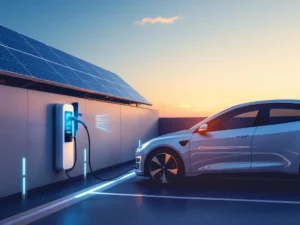 Moderne elektrische auto wordt opgeladen bij smart laadstation onder zonnepanelen op kantoorgebouw dak