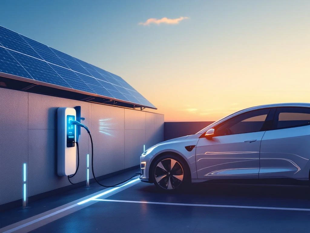 Moderne elektrische auto wordt opgeladen bij smart laadstation onder zonnepanelen op kantoorgebouw dak