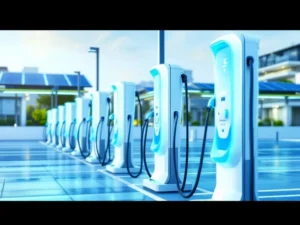 Moderne elektrische laadstations in bedrijfsparkeerplaats met zonnepanelen op dak, blauw-groene technologische uitstraling