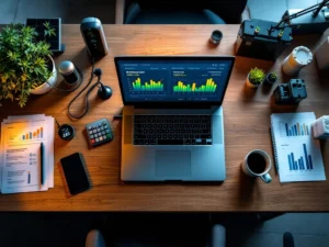 Moderne kantoorwerkplek met laptop met financiële dashboards, EV-kabels, zonnepaneel modellen en batterij-eenheden