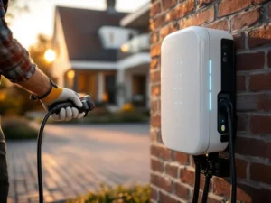 Installatie van witte EV laadpaal door monteur met gereedschap op Nederlandse oprit met bakstenen bestrating