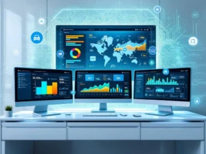 Moderne kantooromgeving met digitaal dashboard voor EV-laadstation monitoring en energie-management software op meerdere schermen