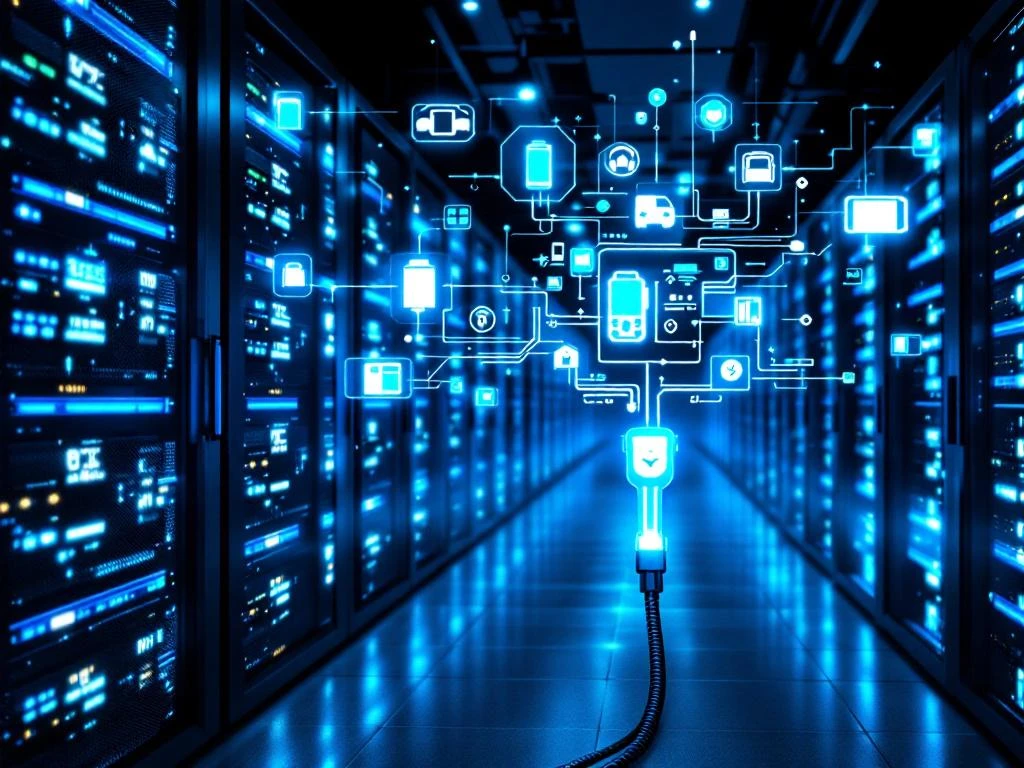 Moderne datacenter met blauwe serverrekken en holografische EV-laadstation interfaces met digitale energiestroomdiagrammen