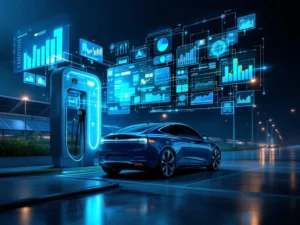 Elektrische auto bij laadstation met holografische data-displays en energiestromen, zonnepanelen op achtergrond