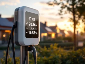 Witte EV-laadstation met digitaal display toont eurokosten, zonnepanelen op Nederlandse huizen op achtergrond