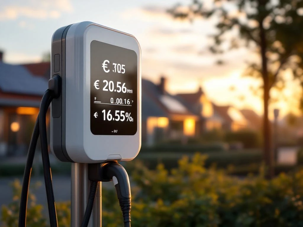 Witte EV-laadstation met digitaal display toont eurokosten, zonnepanelen op Nederlandse huizen op achtergrond