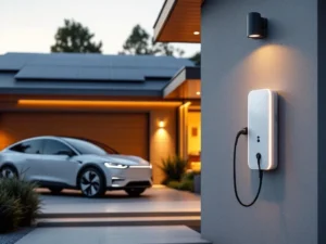 Witte elektrische auto laadt bij moderne wandlader in oprit van eigentijds huis met zonnepanelen op dak