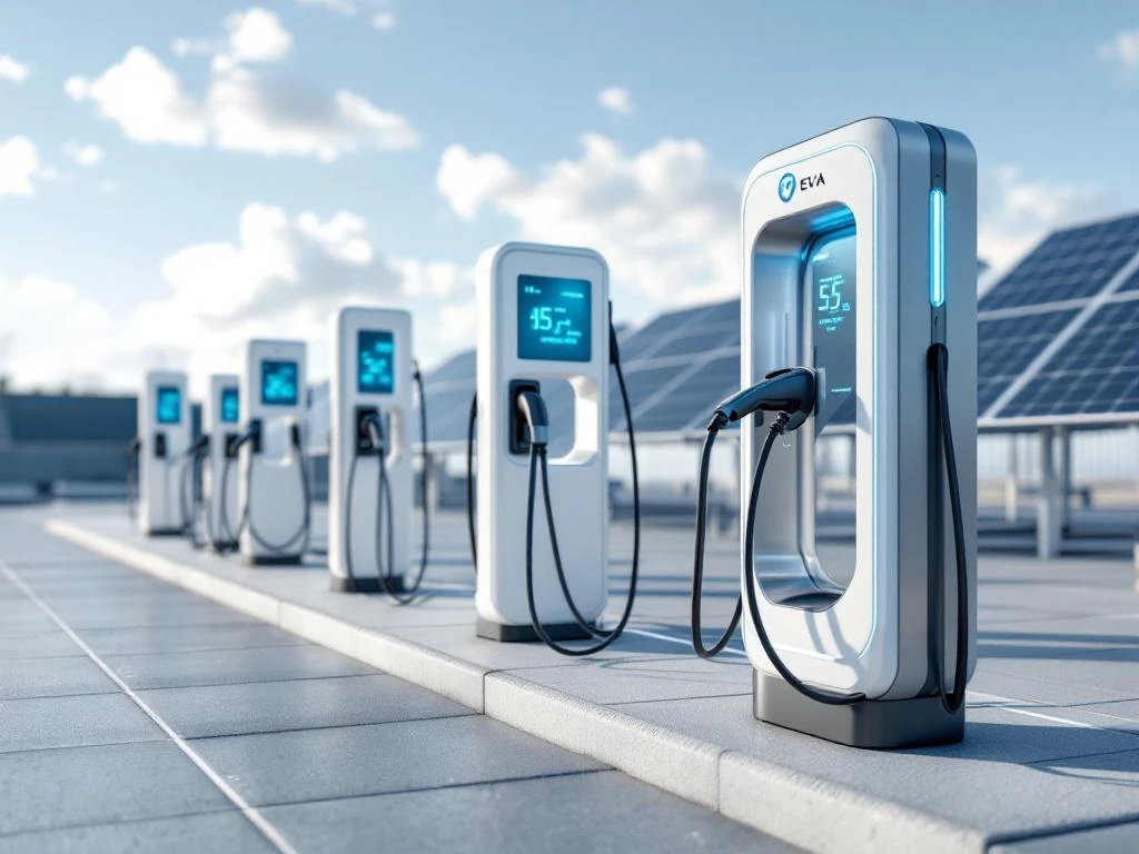 Moderne EV-oplaadstations in een rij met LED-displays en zonnepanelen op de achtergrond