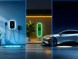 Drie EV-oplaadscenario's: thuislader aan muur, snellader op commercieel station, draadloze oplaadpad onder auto