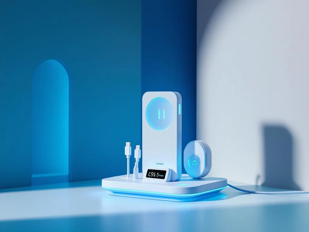 Moderne witte en blauwe smart laadstation met LED-indicatoren, georganiseerde kabels en kosteneffectieve prijsweergave