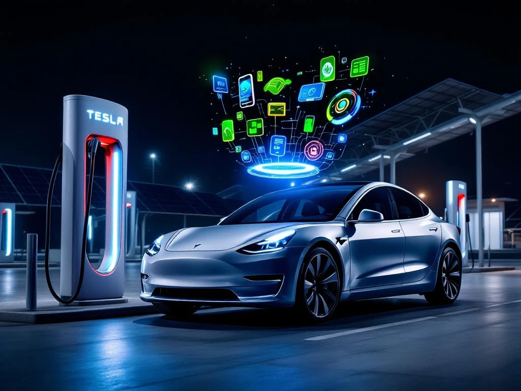 Zilveren Tesla Model 3 aan moderne laadpaal met gloeiende blauwe kabel en holografische app-interfaces op smartphone