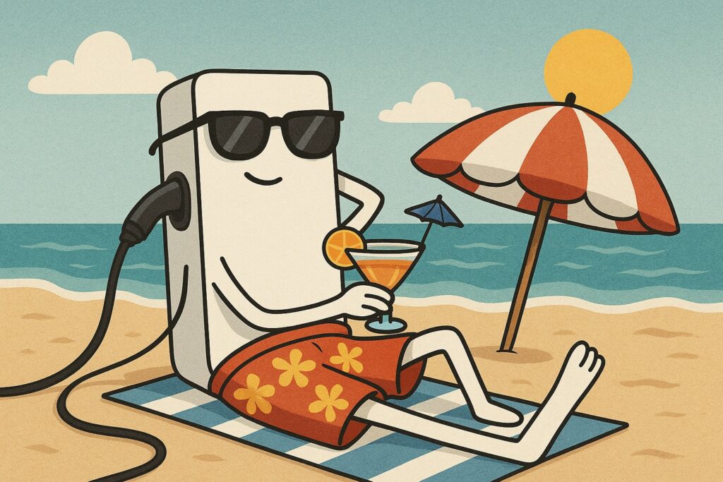 We zien een laadpaal met zonnebril en zwembroek aan, die op het strand aan het zonnen is.
