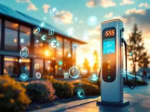 Elektrische laadstation met LED-indicatoren voor commercieel gebouw met zonnepanelen, omringd door onderhouds- en kostpictogrammen