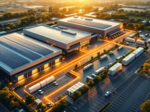 Luchtfoto van moderne industriële faciliteit met zonnepanelen, EV-laadstations en batterijopslag verbonden door energielijnen