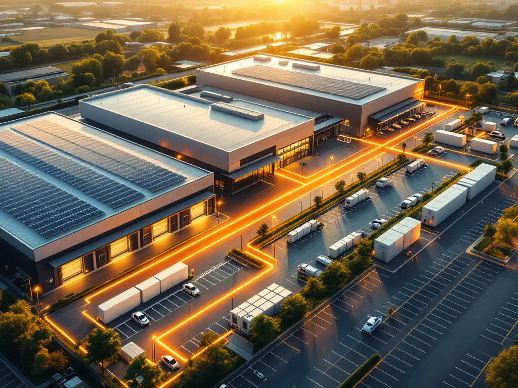 Luchtfoto van moderne industriële faciliteit met zonnepanelen, EV-laadstations en batterijopslag verbonden door energielijnen