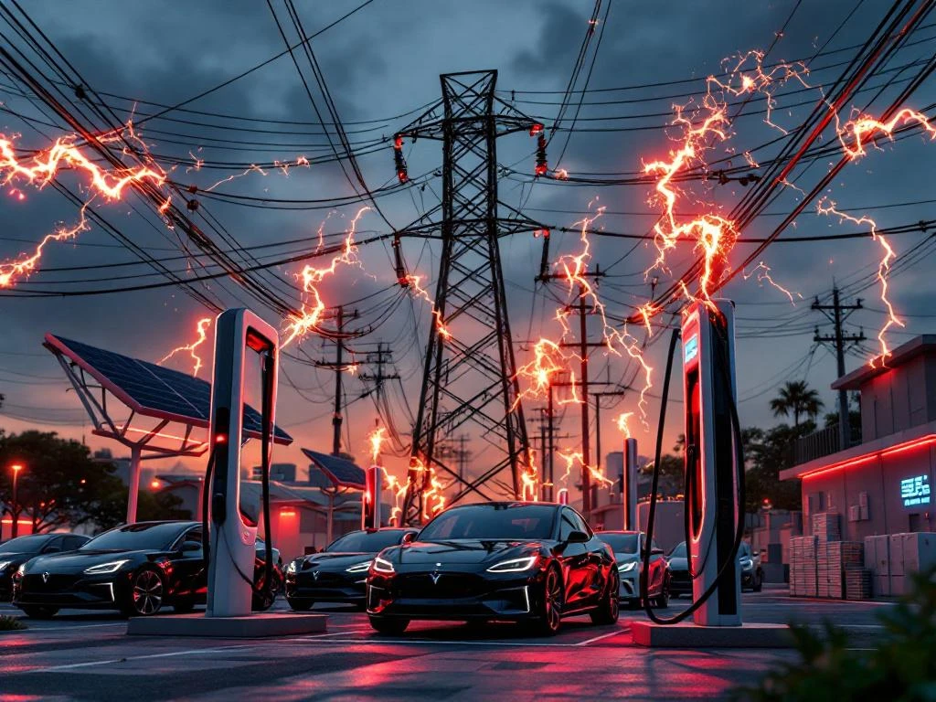 Elektrische voertuigen laden bij laadstation terwijl overbelast elektriciteitsnet vonkt, met zonnepanelen op achtergrond