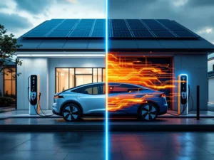 Split-screen van AC en DC oplaadstations voor elektrische voertuigen bij modern bedrijfspand met zonnepanelen