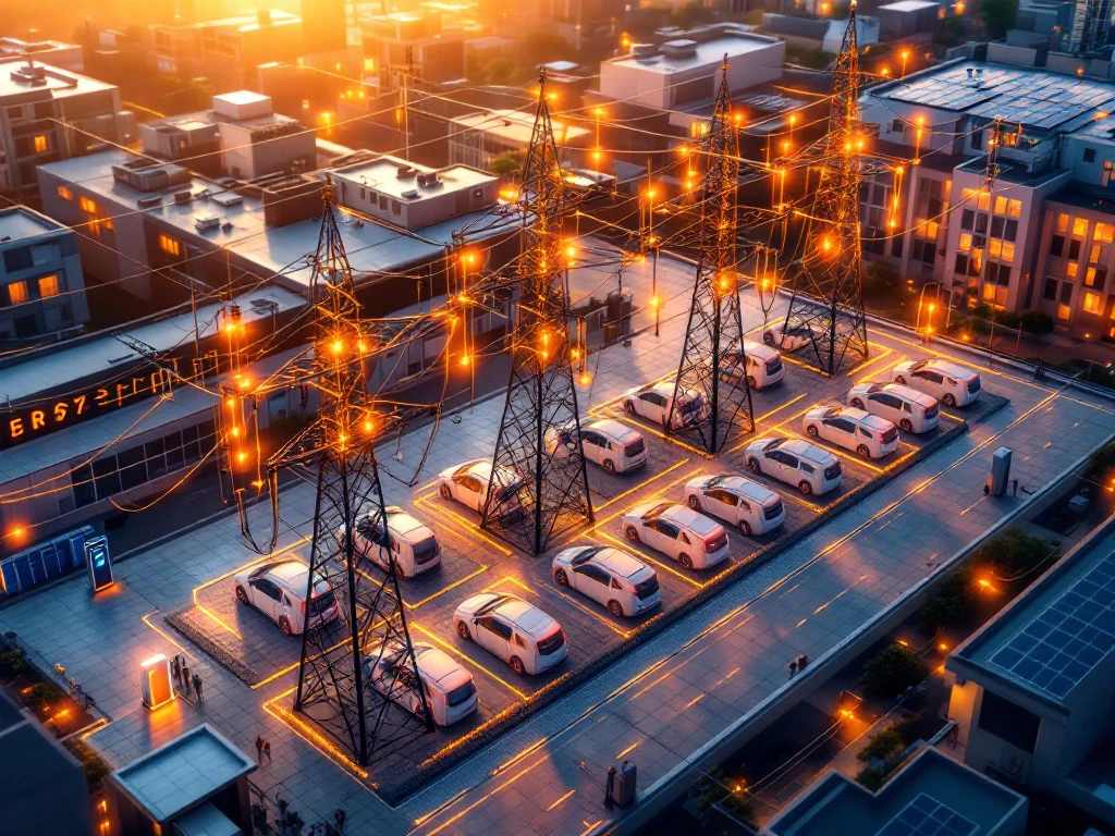 Luchtfoto van elektrisch stroomnet met overbelaste transformatorstation en moderne EV-laadstations met zonnepanelen