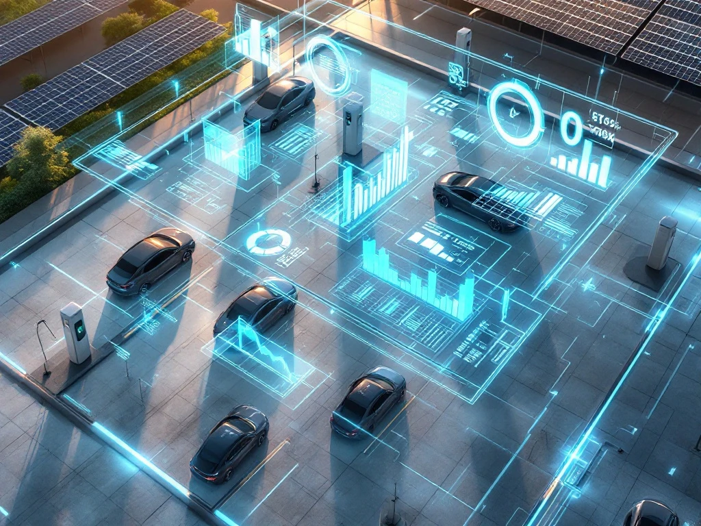 Luchtfoto van moderne elektrische laadstations met holografische data-visualisaties en zonnepanelen